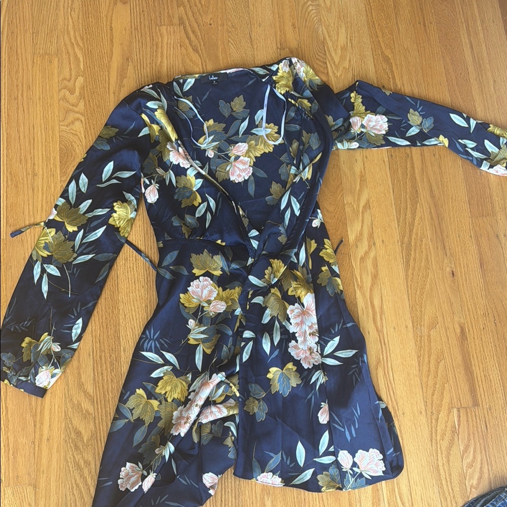 Lulu's Floral Wrap Dress - Navy and Yellow